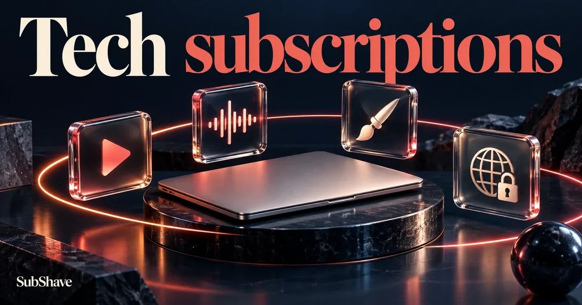 Tech subscriptions: glass streaming, music and creative-tool tiles surrounding a laptop.