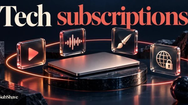 Tech subscriptions: glass streaming, music and creative-tool tiles surrounding a laptop.