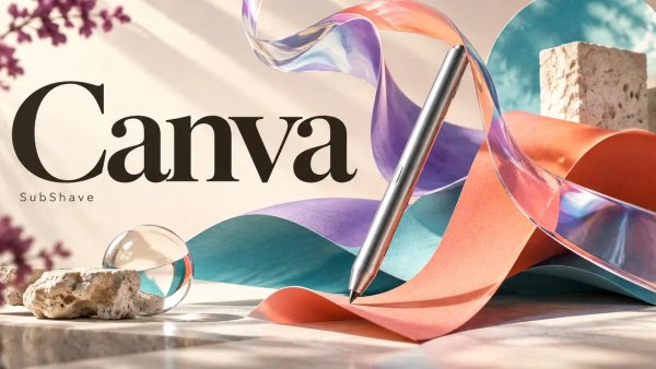 Canva: a stylus surrounded by colorful paper and glass ribbons.