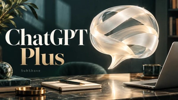 ChatGPT Plus: a luminous sculptural speech bubble over a writing desk.