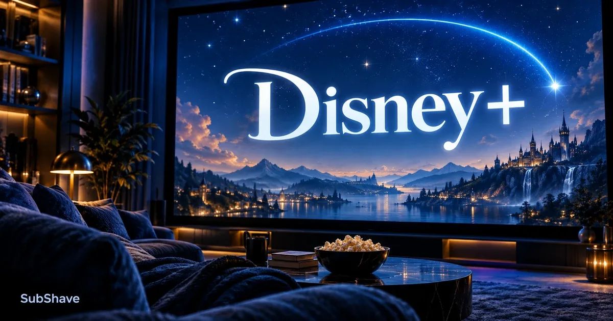 Disney+: a blue home cinema with a luminous fantasy landscape on screen.
