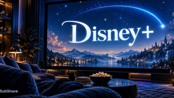 Disney+: a blue home cinema with a luminous fantasy landscape on screen.