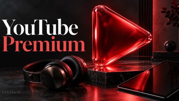 YouTube Premium: a red glass play symbol with headphones and a tablet.