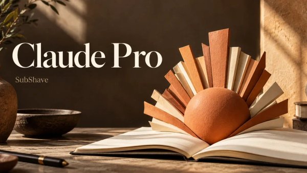Claude Pro: a terracotta paper sunburst rising from an open notebook.