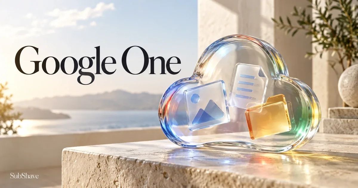 Google One: a glass cloud holding photo, document and folder shapes.