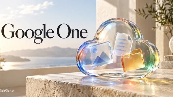 Google One: a glass cloud holding photo, document and folder shapes.