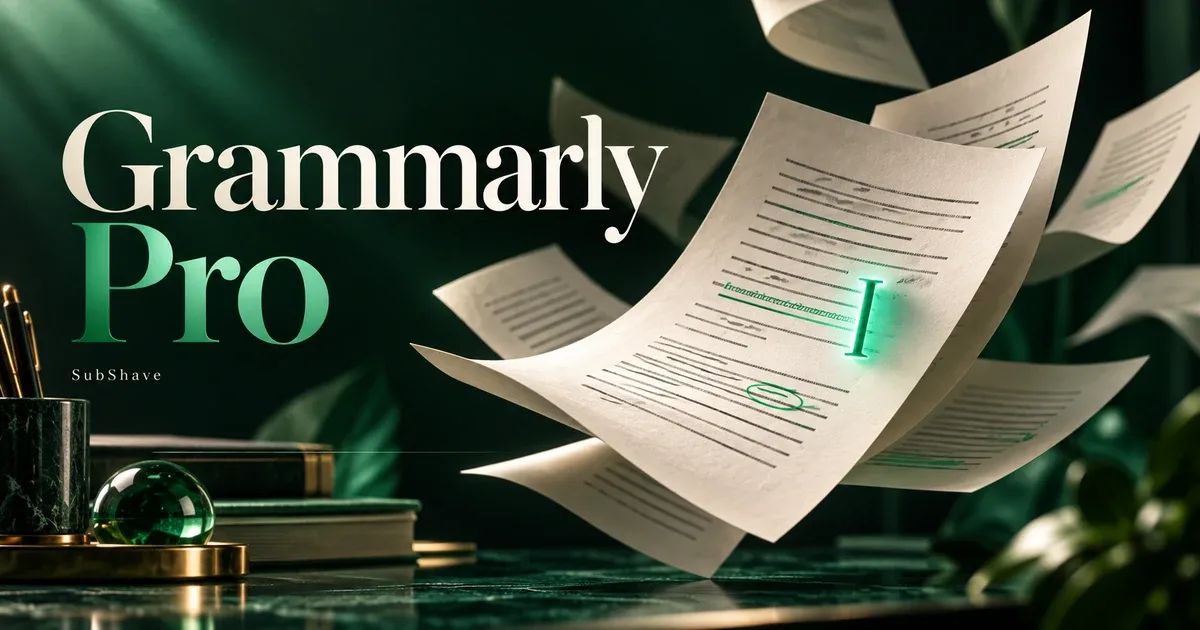Grammarly Pro: floating manuscript pages with an emerald proofreading cursor.