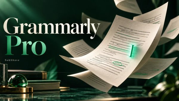 Grammarly Pro: floating manuscript pages with an emerald proofreading cursor.