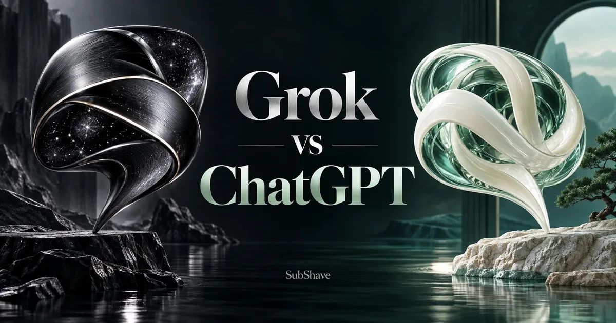 Grok vs ChatGPT: contrasting dark chrome and light glass conversational sculptures.