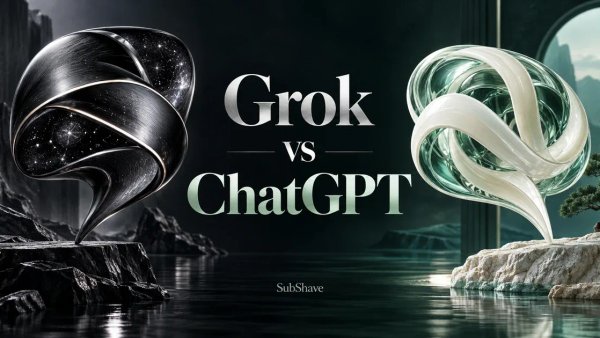 Grok vs ChatGPT: contrasting dark chrome and light glass conversational sculptures.