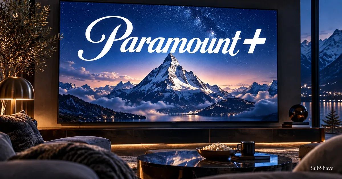 Paramount+: a mountain landscape on a home-cinema screen at twilight.