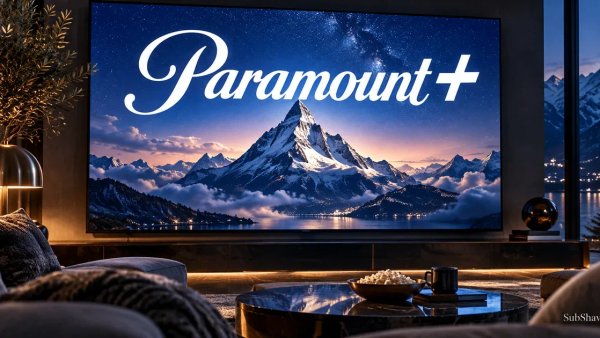 Paramount+: a mountain landscape on a home-cinema screen at twilight.