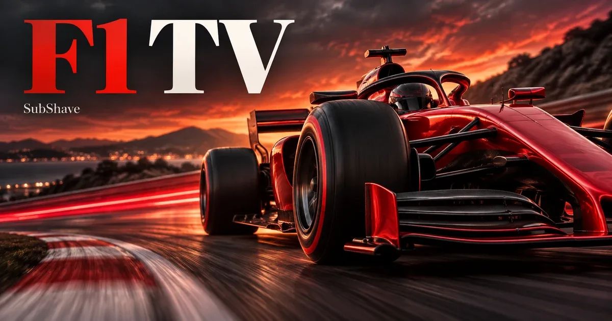 F1 TV: an illustrated red open-wheel racing car on a track at sunset.