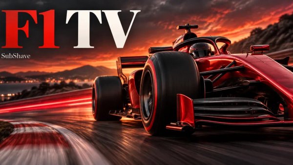 F1 TV: an illustrated red open-wheel racing car on a track at sunset.