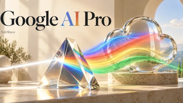 Google AI Pro: a prism casting multicolored light into a glass cloud.