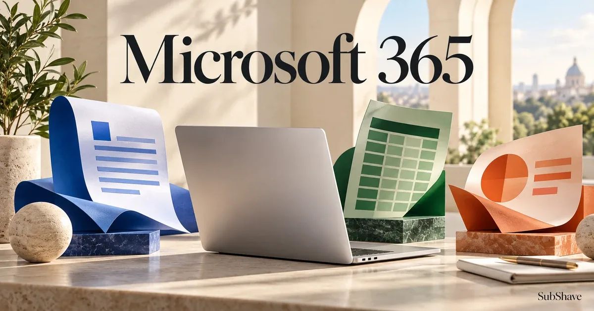 Microsoft 365: a laptop with sculptural document, spreadsheet and presentation sheets.