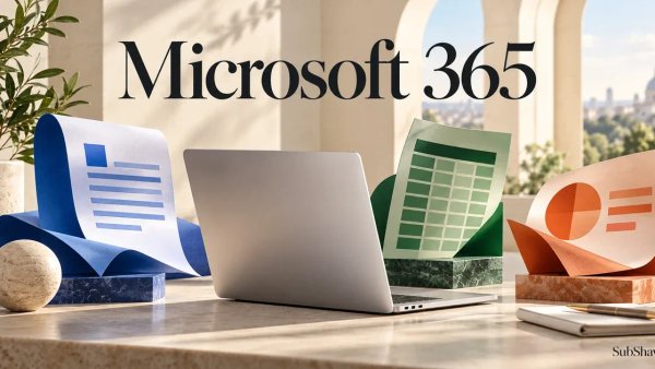 Microsoft 365: a laptop with sculptural document, spreadsheet and presentation sheets.