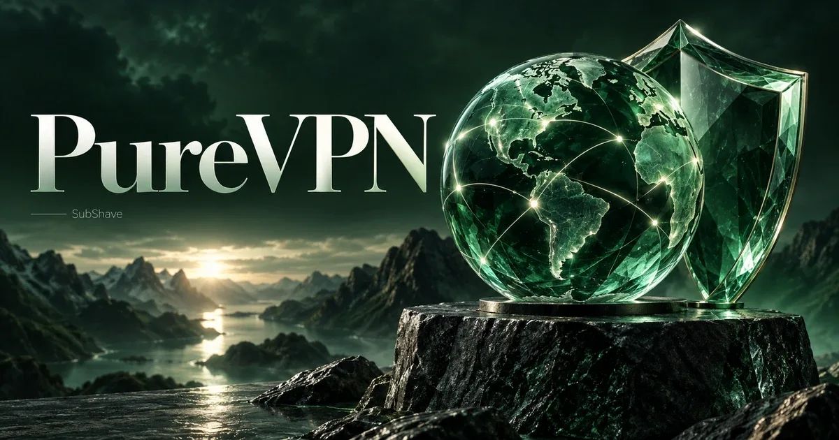 PureVPN: an emerald glass globe and shield above a mountain landscape.
