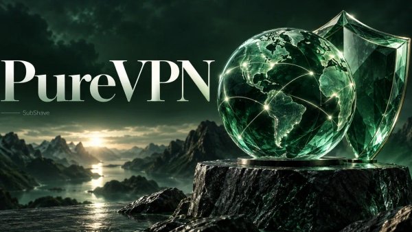 PureVPN: an emerald glass globe and shield above a mountain landscape.