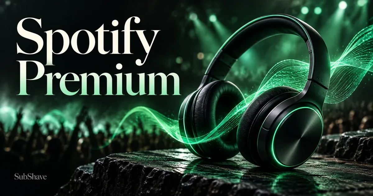 Spotify Premium: black headphones surrounded by an emerald audio wave.