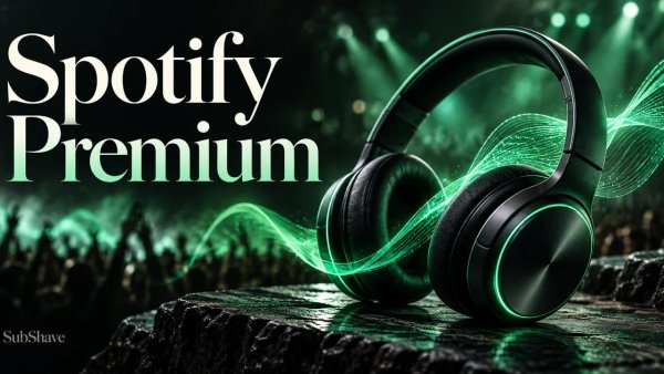 Spotify Premium: black headphones surrounded by an emerald audio wave.