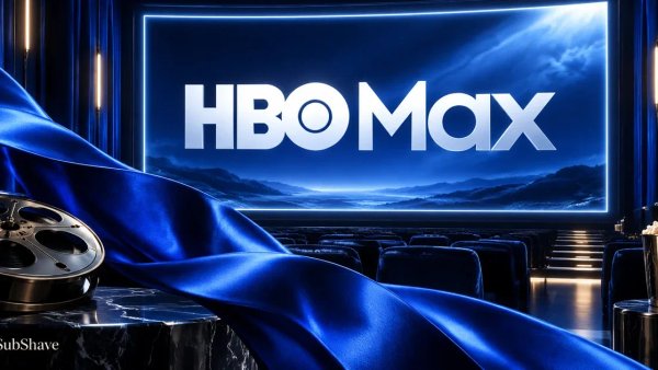 HBO Max: a cobalt cinema screen with a flowing blue satin ribbon.