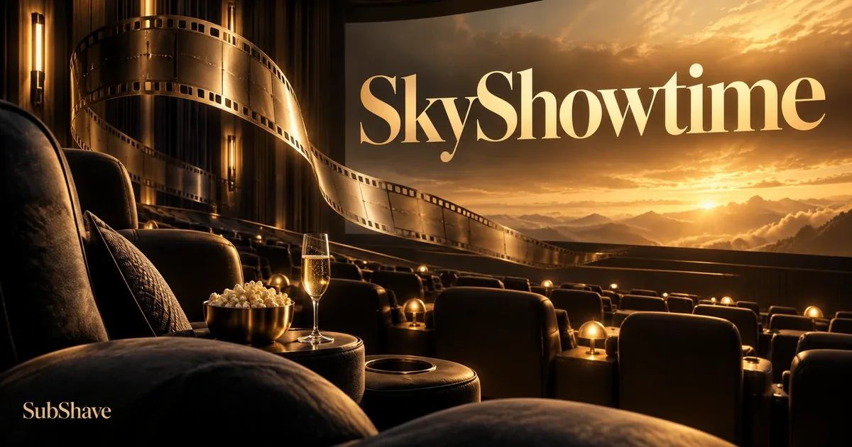 SkyShowtime: a golden cinema screen and sweeping film ribbon.