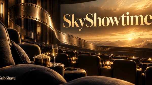 SkyShowtime: a golden cinema screen and sweeping film ribbon.