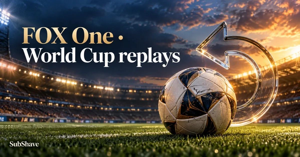FOX One World Cup replays: a football and glass replay arrow in a floodlit stadium.