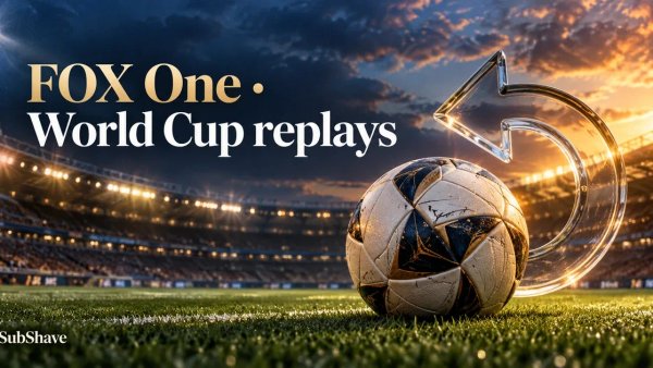 FOX One World Cup replays: a football and glass replay arrow in a floodlit stadium.