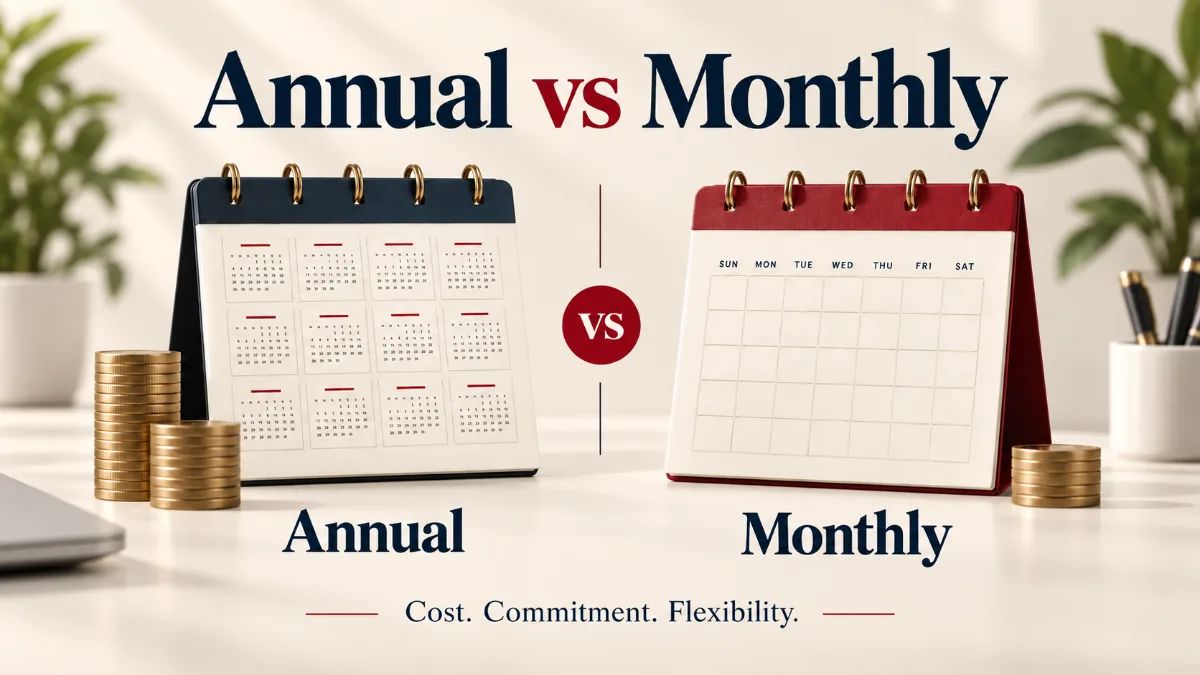 Annual and monthly desk calendars with coin stacks illustrating subscription costs and billing flexibility.