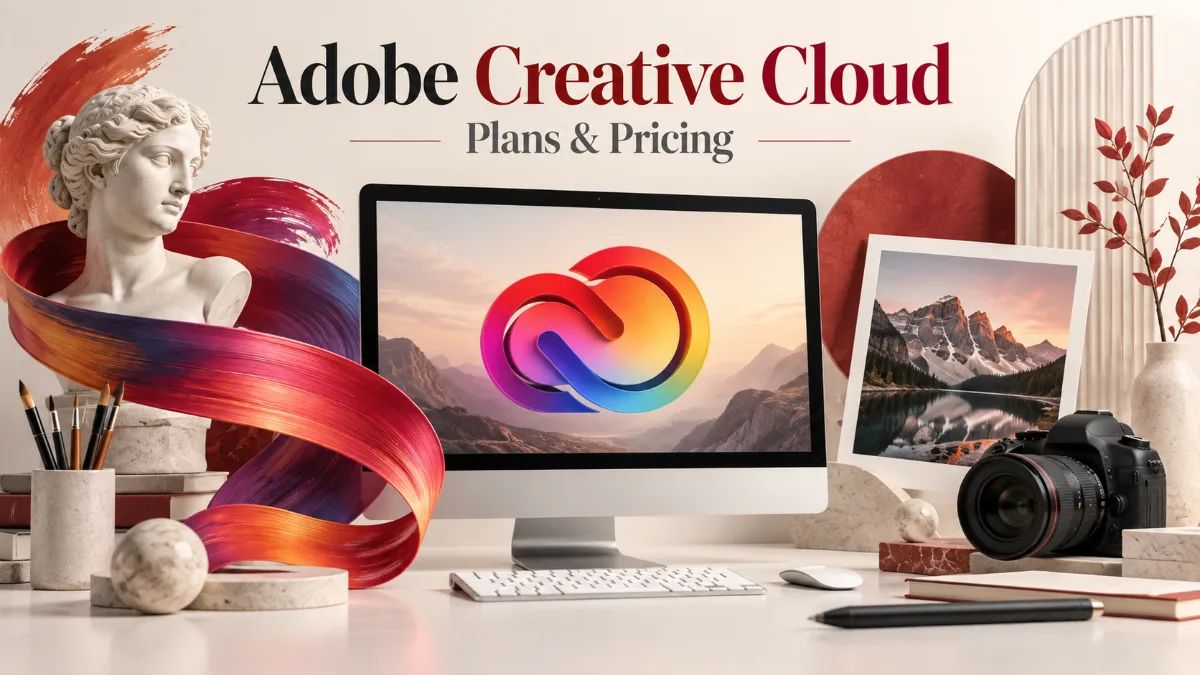 Creative workstation with colorful ribbon, camera and Adobe Creative Cloud pricing headline.