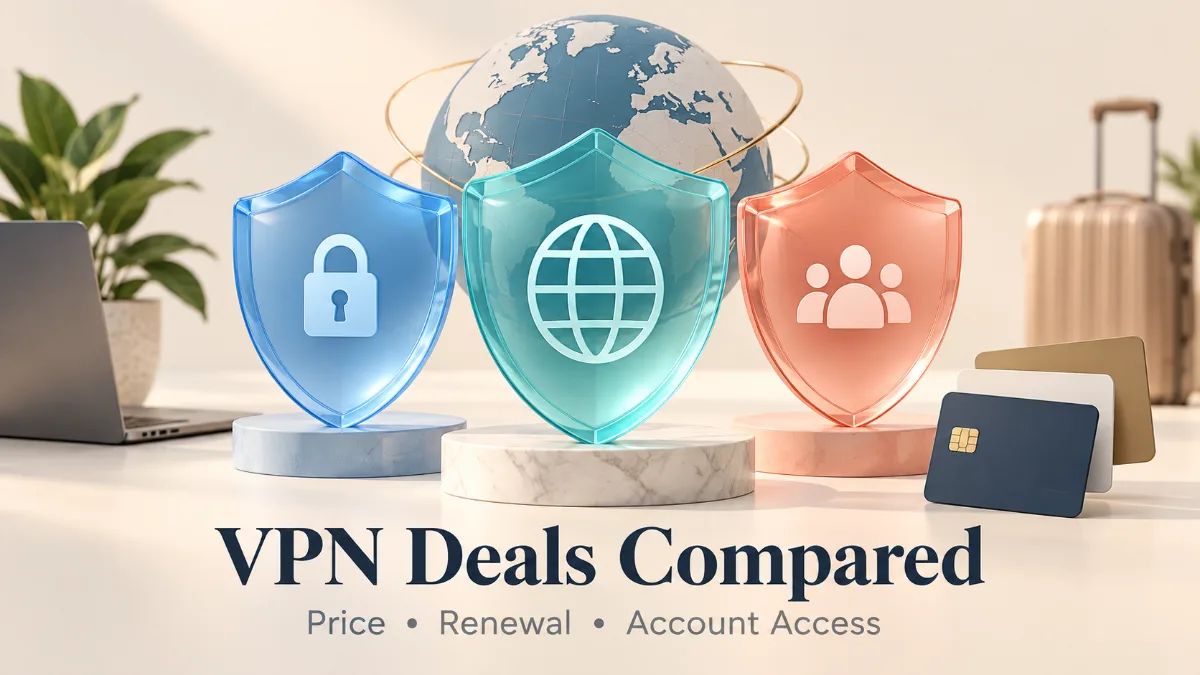 Three translucent VPN shields beside a globe and payment cards.
