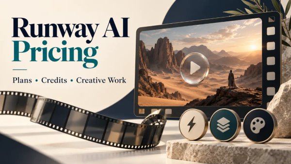 Cinematic desert film frame with credit tokens and Runway AI pricing headline.