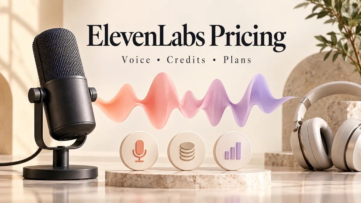 Studio microphone and coral audio waveform beside ElevenLabs pricing headline.