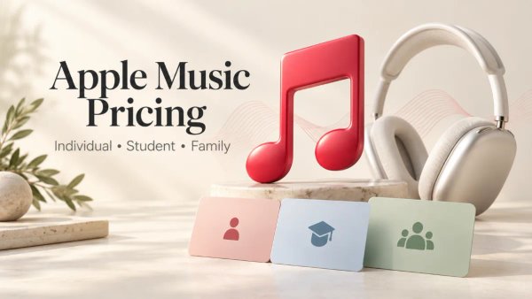 Red music note, headphones and membership cards for Individual, Student and Family plans.