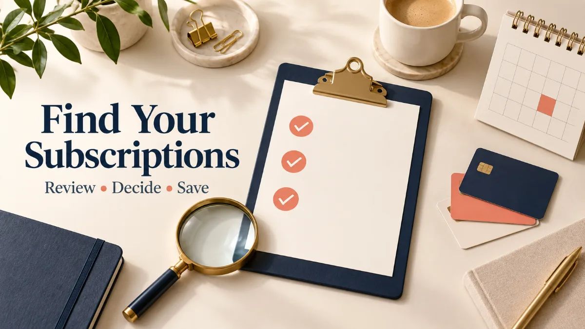 Clipboard checklist, magnifying glass, calendar and payment cards for a subscription audit.