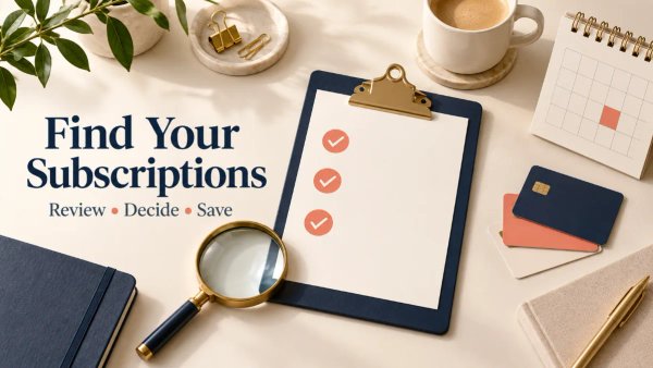 Clipboard checklist, magnifying glass, calendar and payment cards for a subscription audit.