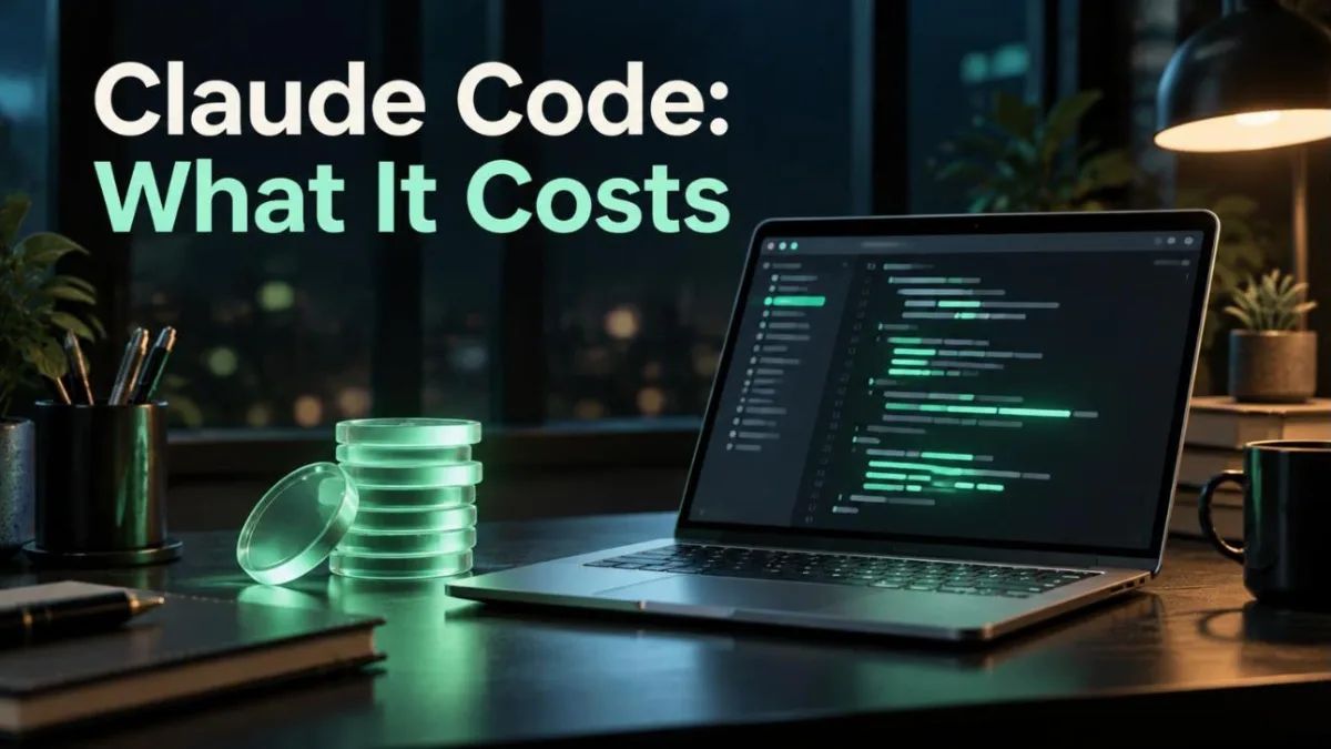 Laptop on a dark desk at night showing code with mint-green highlights beside a stack of glowing tokens, under the title Claude Code: What It Costs
