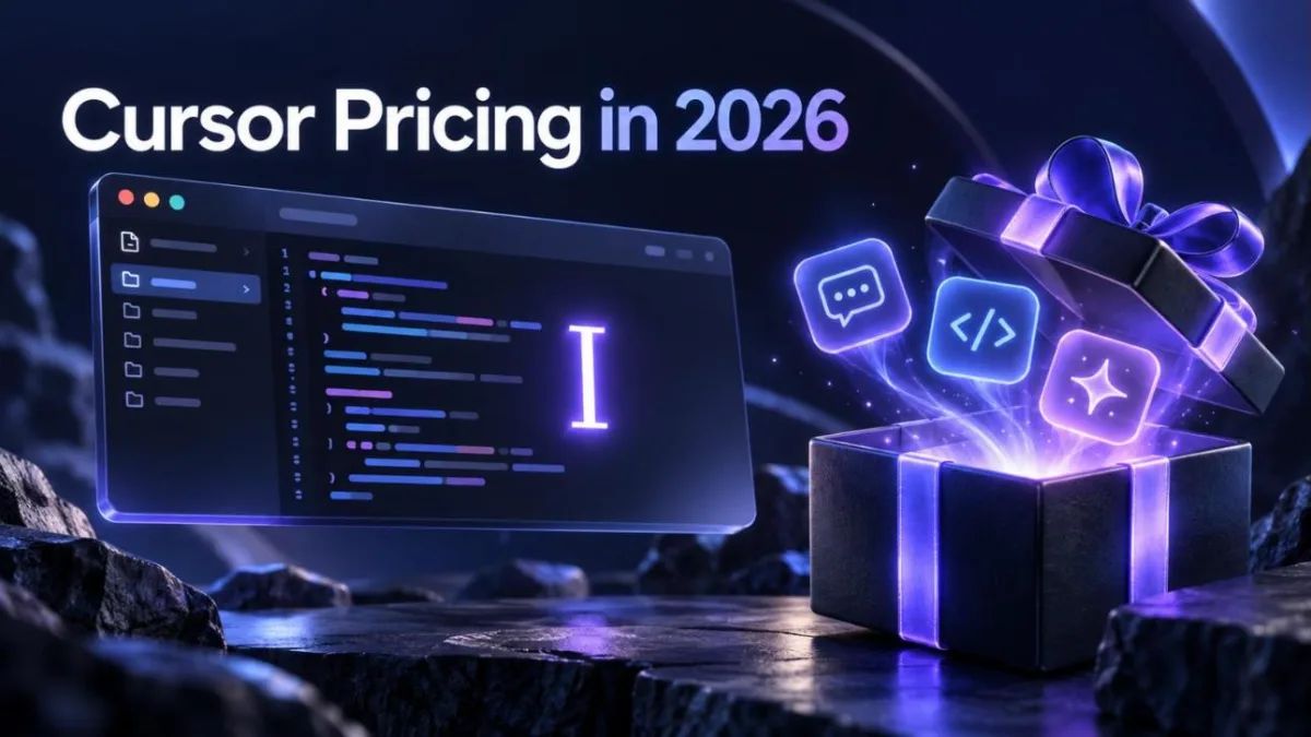 Floating code editor with a glowing violet text cursor beside an open gift box releasing chat, code and spark icons, under the title Cursor Pricing in 2026